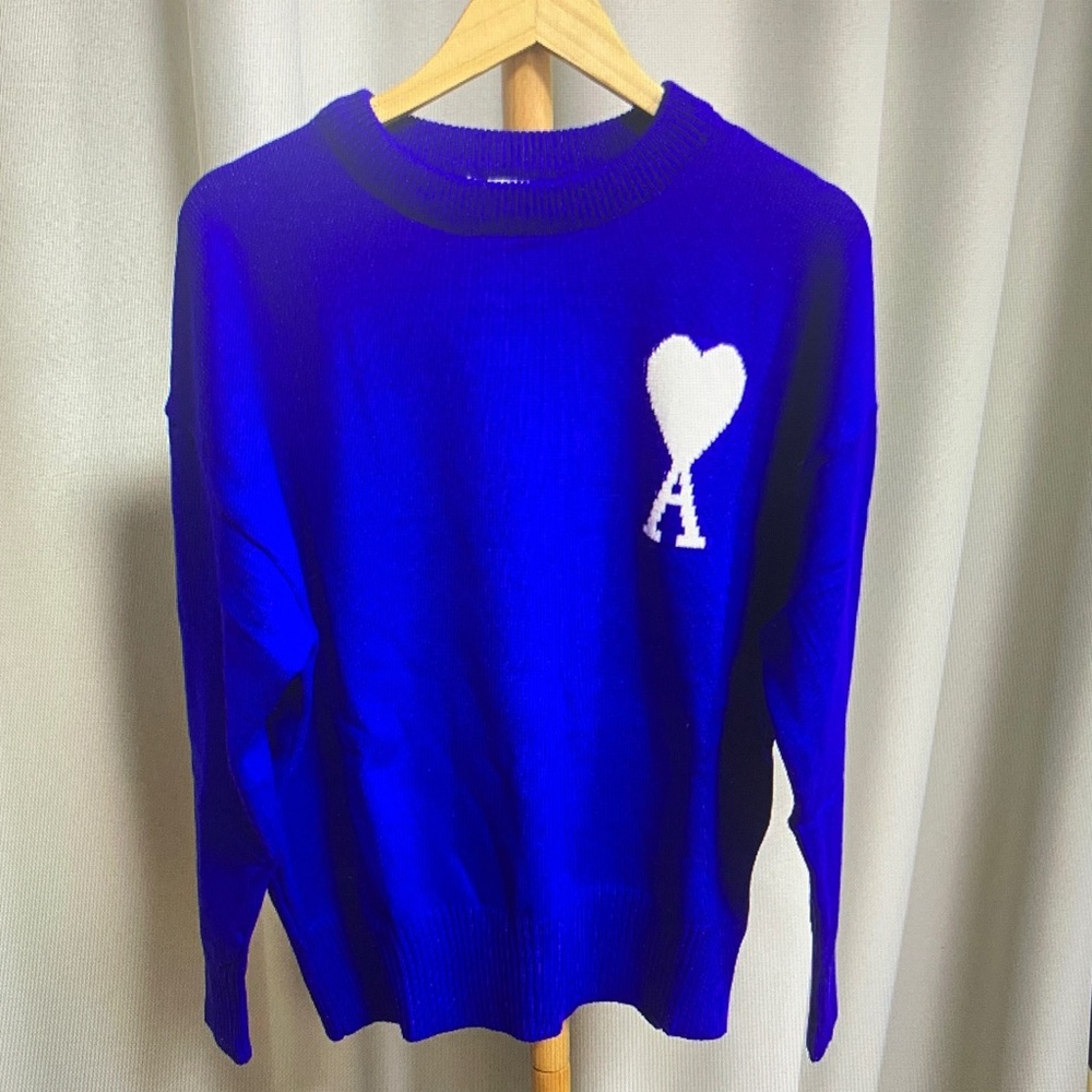 Ami Royal Blue Sweater with White Heart Accent